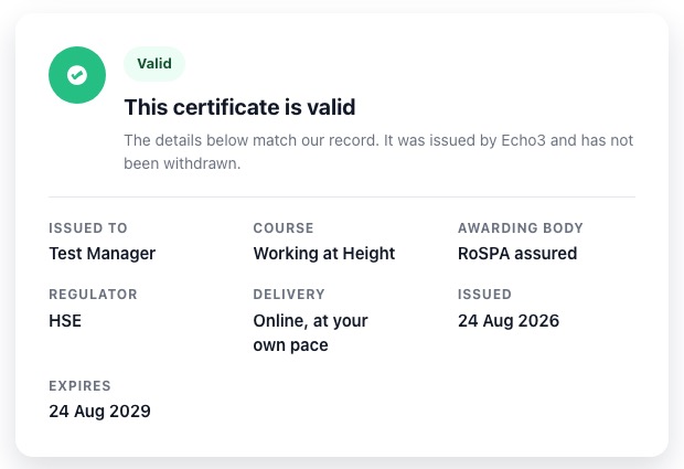 The result of checking a certificate on Echo3: valid, with the course, awarding body and expiry date